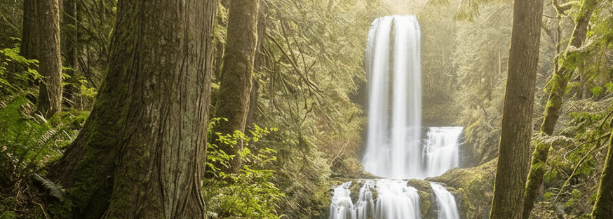 Dirt path through a mossy forest leading to a tiered waterfall under golden sunlight.