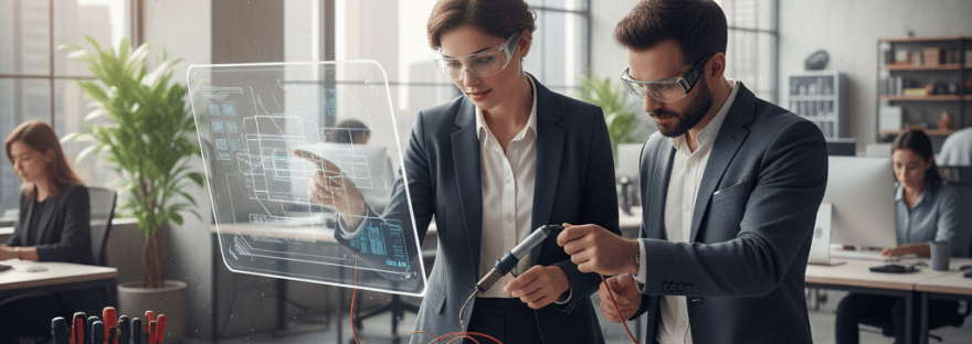 Two engineers with safety glasses working on a robotic device with holographic interface in an office.