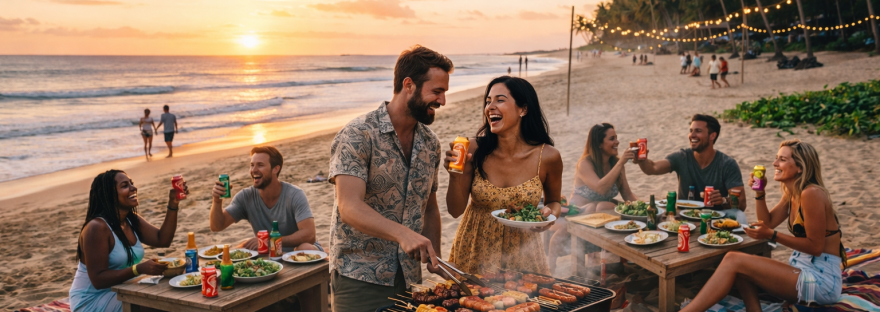Group of friends having a barbecue cookout on the beach at sunset